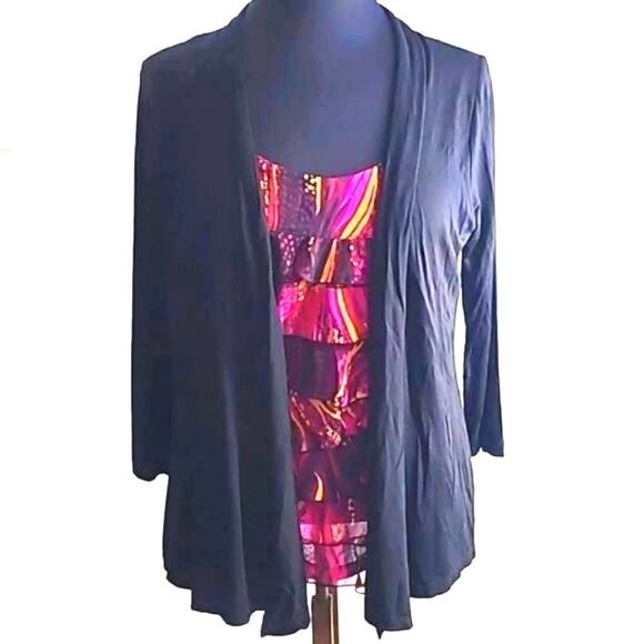 August Silk - Light Sweater/Top Layered Ruffles, Black, Fuchia,Gold, Size Medium - Picture 1 of 8